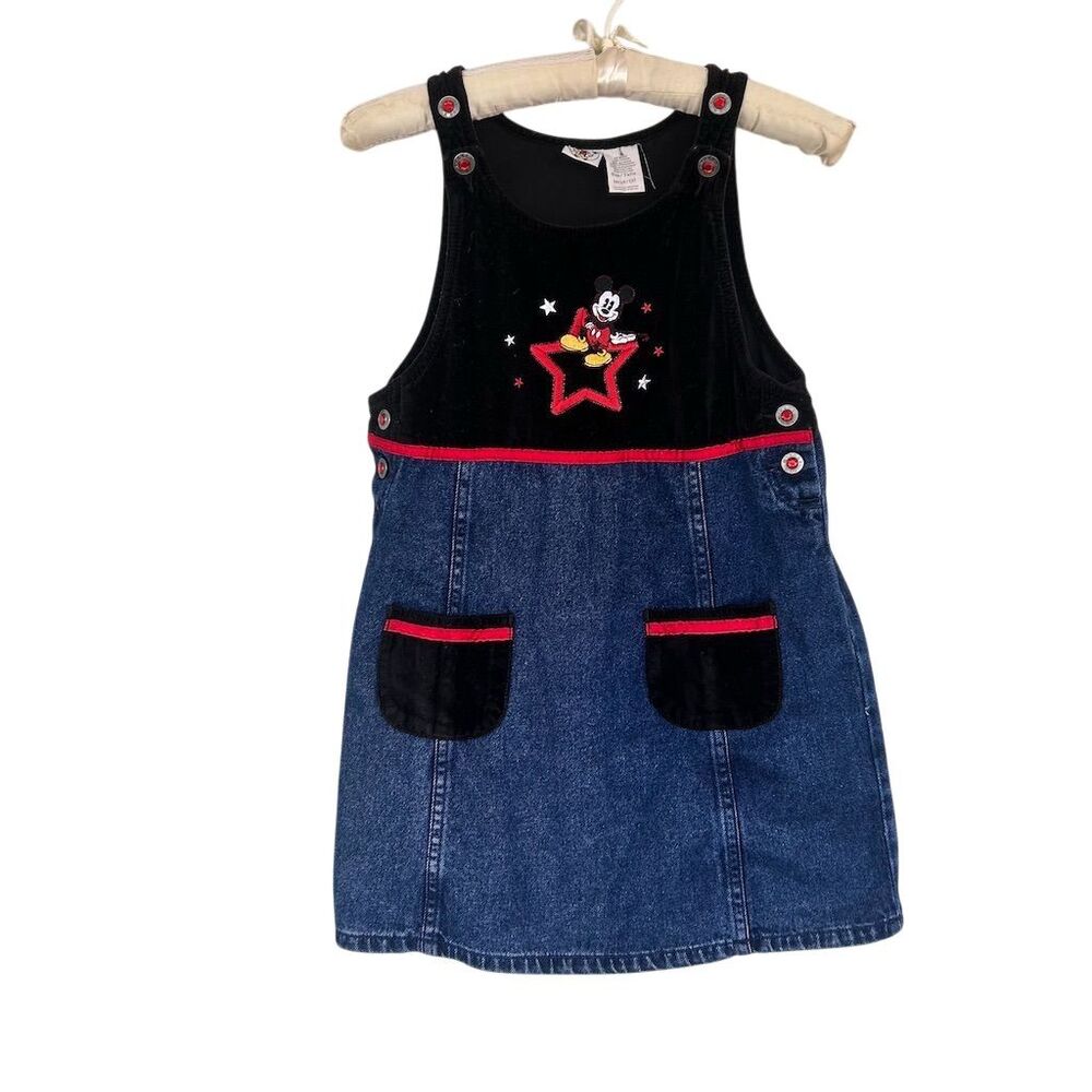 VTG Y2K 90s Disney Mickey & Co. Denim Velour Dress Kid core Sz M 10/12 Grunge